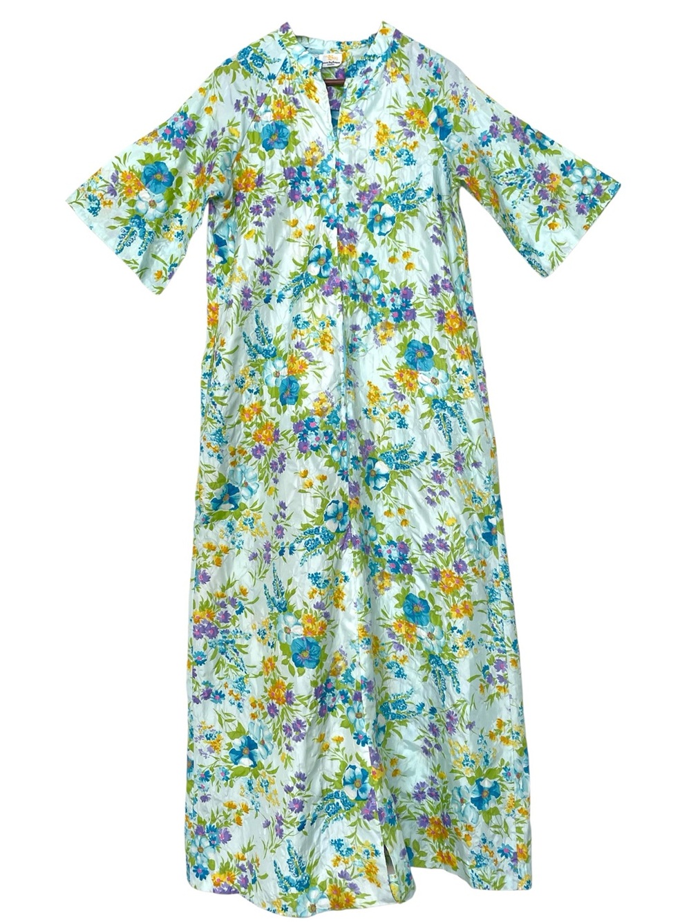 Vintage 70s Hudson’s Bay Japan Floral Crinkle Maxi Hostess House Dress Pockets
